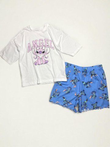 Костюм Primark комплект дитячий підлітковий літній на дівчинку Ліло і Стіч футболка+шорти 164 см (13-14 років) білий, синій 102218262 фото