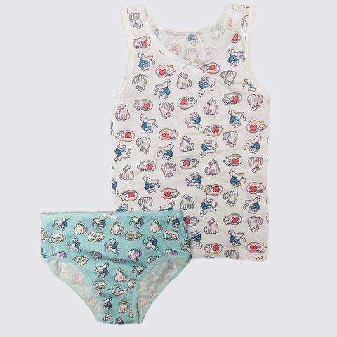 Комплект білизни Primark набір білизняний майка + труси принт Котики дитячий на дівчинку 116 см (5-6 років) білий, зелений 127320361 фото