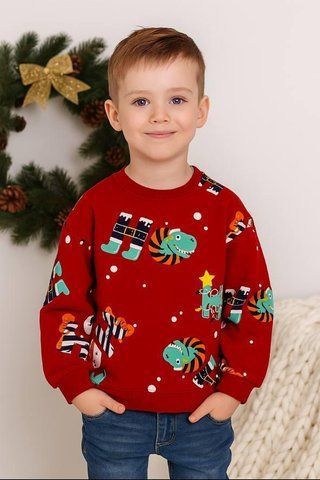 Кофта світшот Primark теплий на флісі різдвяний, новорічний з аплікацією Динозаври дитячий на хлопчика 110 см (4-5 років) червоний 118843880 фото